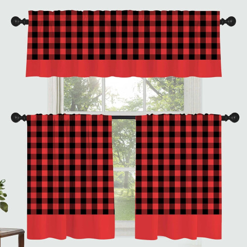 Buffalo Check Curtain Set Black Red Plaid 3 pcs