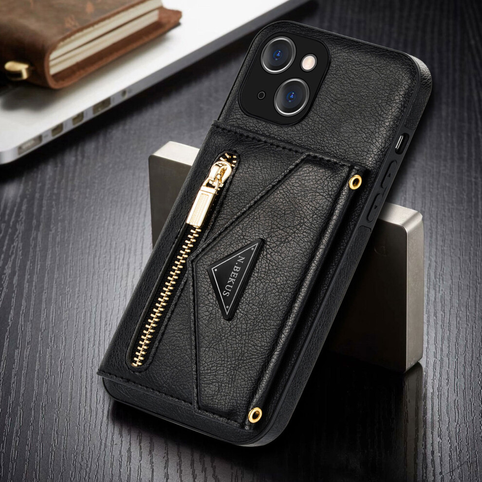 Shockproof Card Holder Wallet Back Case For Compatible With Iphone 13 6.1", Pu Leather + Silicone Bumper, Kickstand & Cross-Body Strap, Black 9341593696494