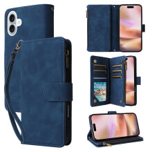 iPhone 16 Plus Wallet Case – Crossbody Phone Purse with Card Holder, Soft PU Leather Zipper Cover & Shoulder Strap, Blue