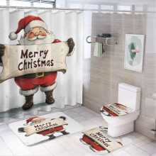 4-Pc Vintage Santa Shower Set: Curtain, Rug, Lid Cover & Non-Slip U-Mat, 72"x72", Farmhouse Christmas Bathroom Decor