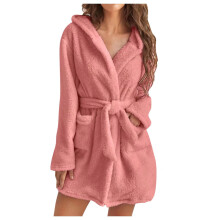 Women's Fuzzy Hooded Plush Bathrobe with Pockets