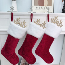 3-Pack Red Plush Faux Fur Christmas Stockings with Antlers, Reindeer Holiday Decor, Fireplace Hanging Ornaments, Candy Gift Bags – Compatible with