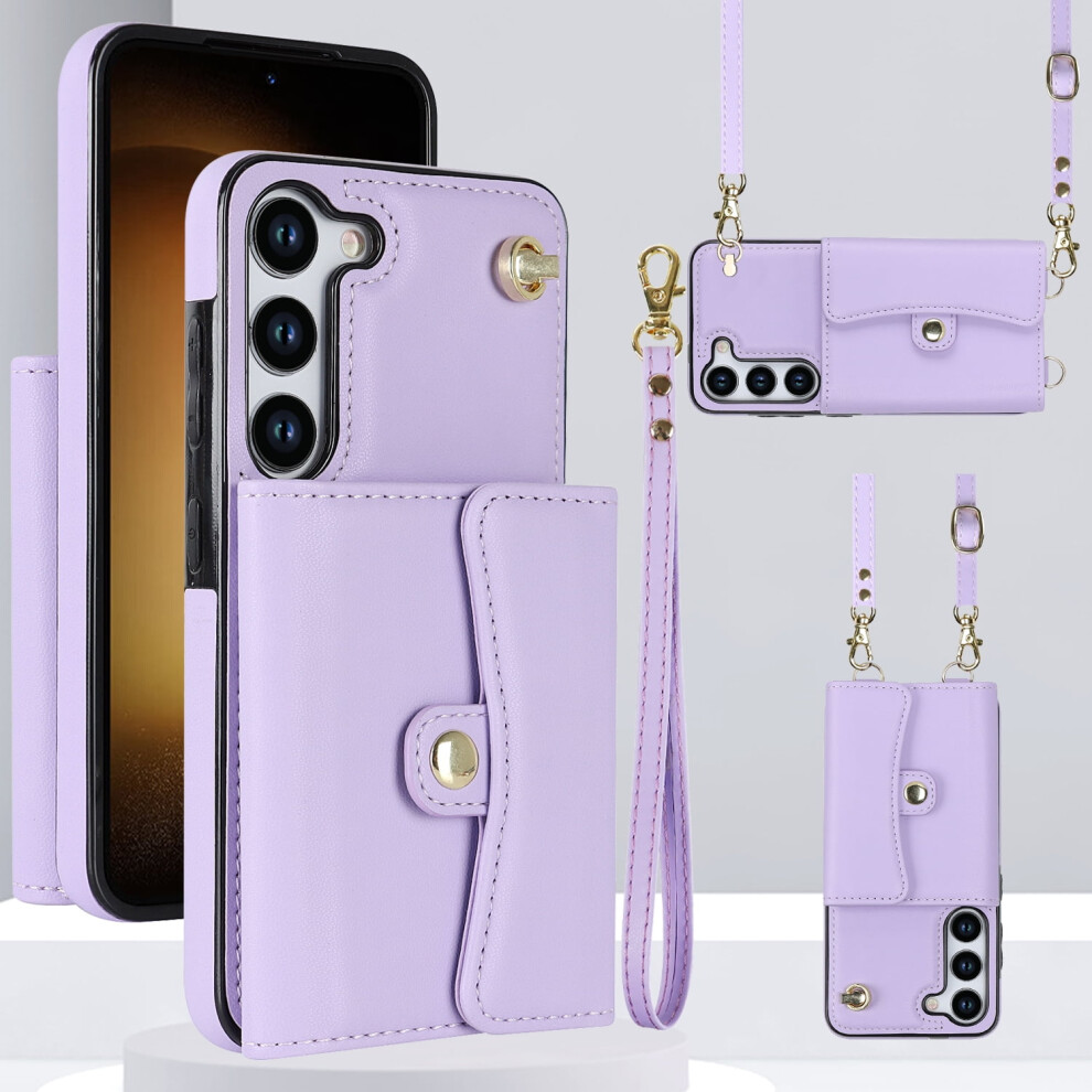 Crossbody Wallet Case For Samsung S22 Â Rfid Blocking, Magnetic Flip, Leather, With Strap & Lanyard Purple 9341593699570