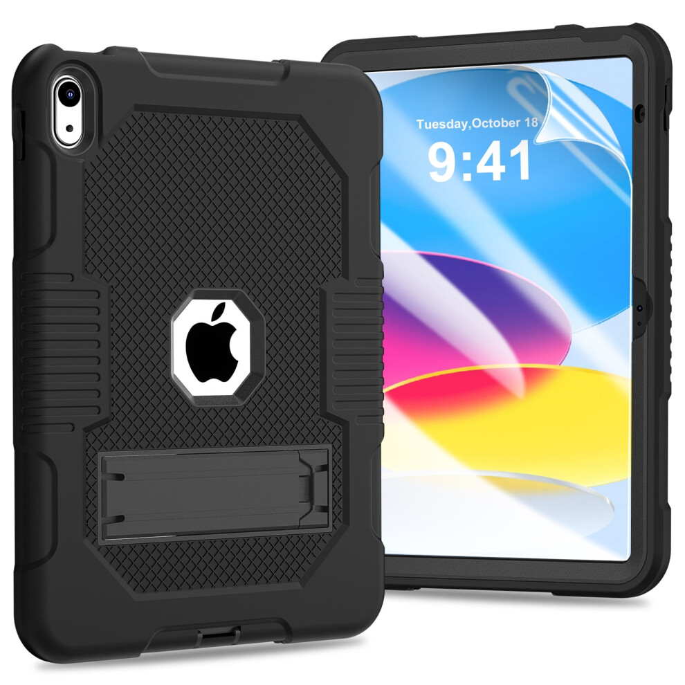 Tech Circle Rugged Case For Ipad 10Th Gen (10.9", 2022) Â Shockproof Full Cover + Soft Hd Screen Protector + Kickstand, Black 9341593699815