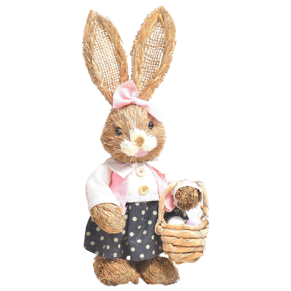 14" Sisal Easter Bunny Figurine with Carrot & Basket – Hand-Woven Straw Tabletop Decor, Spring/Easter Centerpiece & Gift