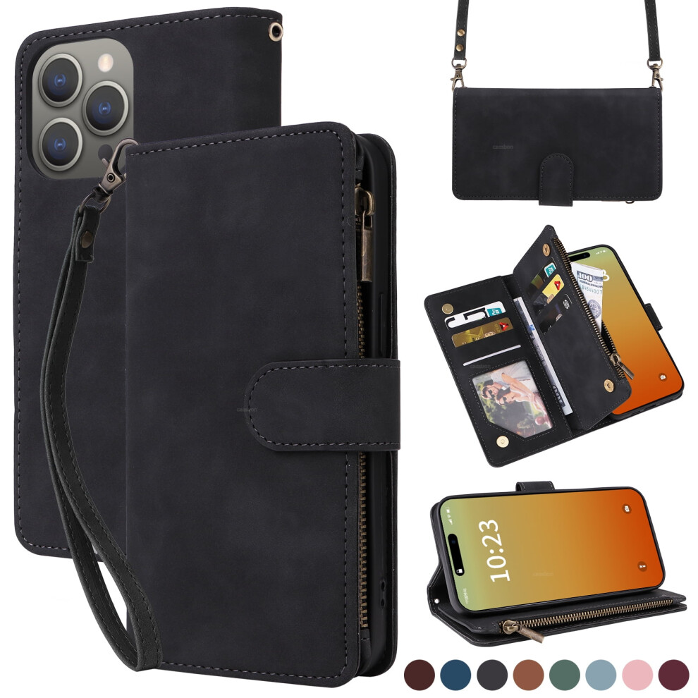 Iphone 16 Pro Wallet Case Â Crossbody Phone Purse With Card Holder, Soft Pu Leather Zipper Cover & Strap, Black 9341593698986