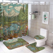 Skull Camping 4-Pc Shower Curtain Set w/ Waterproof Curtain, Non-Slip Rug, Toilet Lid Cover & Bath Mat – Vintage Bathroom Decor