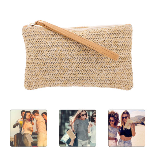 Beige strå-clutch med lynlås