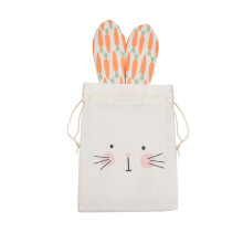 Linen Easter Drawstring Bag with Ear Loops, Candy Pouch, Party Favor Gift Bag, 11" x 5.1", Beige