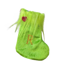 Christmas Alphabet Stockings (26 Letters), Green Fuzzy Knitted Wool, Embroidered, Compatible with Kids' Candy Storage & Festive Decor