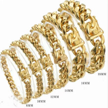 Pánský náramek Miami Cuban Link Chain 8mm-18mm, zlato-stříbrný, nerezový ocelový náramek - zlatý-18mm-7,5 palce