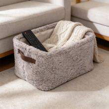 Foldable Plush Faux Fur Laundry Basket with Handles, Gray Fabric Storage Bin for Closet Organization