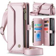 RFID-Blocking Crossbody Wallet Case for iPhone 16 Plus – 10-Card Holder, Zipper Bills Slot, Soft PU Leather, Magnetic Strap, Pink
