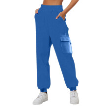Damen-Jogginghose aus Fleece mit hohem Bund – Lässige Cargohose, Leggings fürs Fitnessstudio, Blau, Größe 2XL