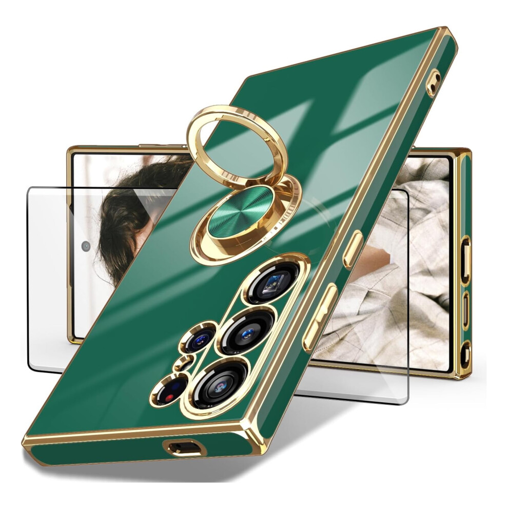 Samsung Galaxy S24 Ultra Case With Screen Protector, 360 Rotating Ring Holder, Magnetic Stand, Shockproof Electroplated Cover, Green 9426043953379