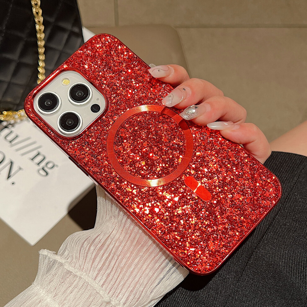 Glitter Magnetic Case For Iphone 16 Pro Max Â Magsafe Compatible, Sparkle Plating, Slim, Shockproof, Anti-Scratch, Red 9426043953461