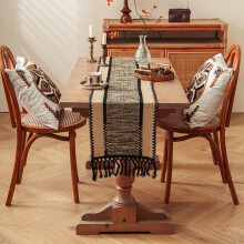 Boho Macrame Table Runner – Ivory & Burlap Brown Cotton-Linen, Tasseled Farmhouse Kitchen Table Centerpiece, Compatible with Dining, Dresser, Tea