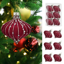 6pcs Burgundy Velvet Christmas Balls with Gold Star Sequins, Flocked Glitter Ornaments for Tree/Wedding – Compatible with Xmas Decor