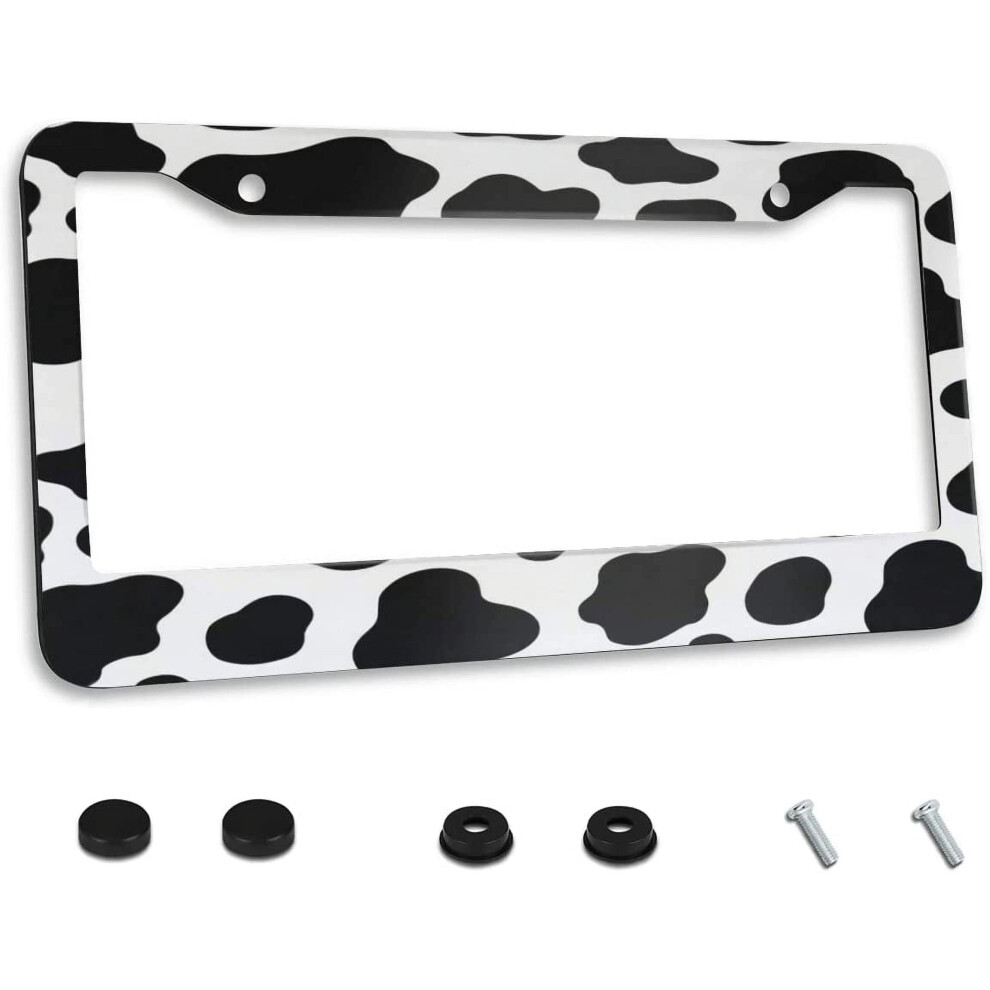 Cow Print Spot License Plate Frame Â 12"X6", Stainless Steel, Compatible With Us/Canada Standard Tags Black 9159796051480