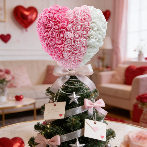 Heart Tree Topper with Artificial Rose Pink 11.61 Inch 1