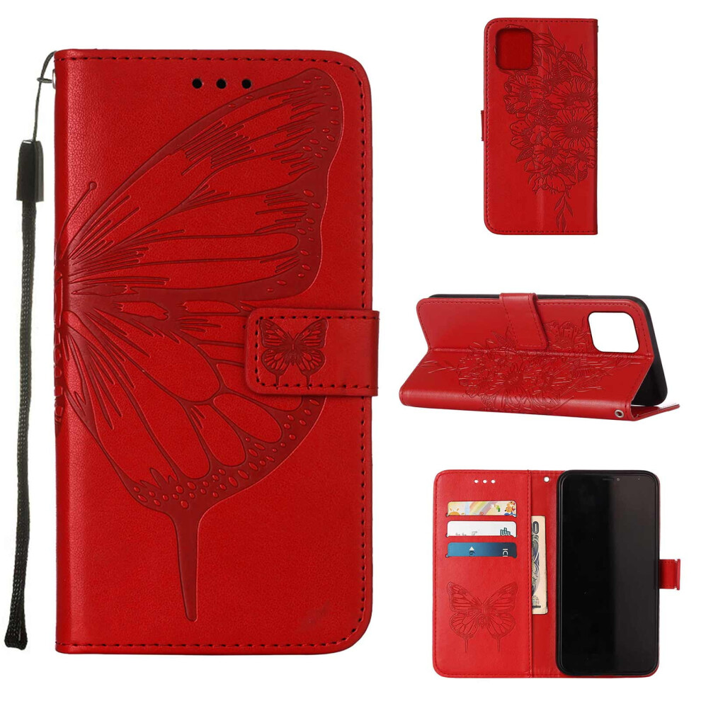 Compatible With Iphone 13 Wallet Case Â Embossed Butterfly Pu Leather Folio With Card Slots, Kickstand & Shockproof Tpu Protection, Red 9426043950378