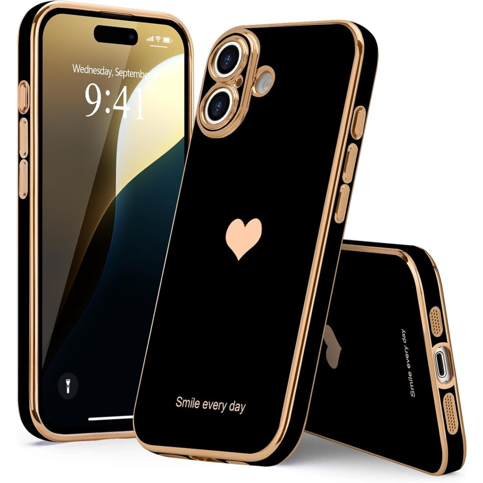 Love Heart Luxury Case For Compatible With Iphone 16 Plus, Cute Slim Shockproof Bling Cover, Black 9426043951603