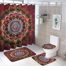 4-Pc Boho Shower Set: Waterproof Curtain, Non-Slip Rug, Toilet Lid Cover & Bath Mat – Maroon Mandala Print, Compatible with Standard Showers