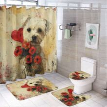 4-Pc Valentine's Dog Shower Set w/ Non-Slip Rug, Lid Cover & Bath Mat – Compatible with Standard Showers