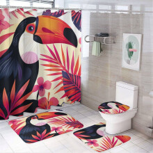4-Pc Tropical Bird Shower Set w/ Non-Slip Rug, Lid Cover & Bath Mat – Parrot, Palm, Hibiscus, Hawaii Theme