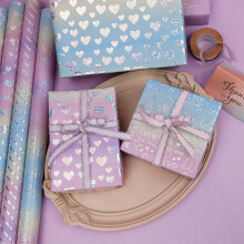 Holographic Glitter Wrapping Paper Roll 43cm x 3m – 4 Romantic Patterns (Hearts, Love, Roses, Stripes), Shimmery Pastel Pink & Blue, Compatible with