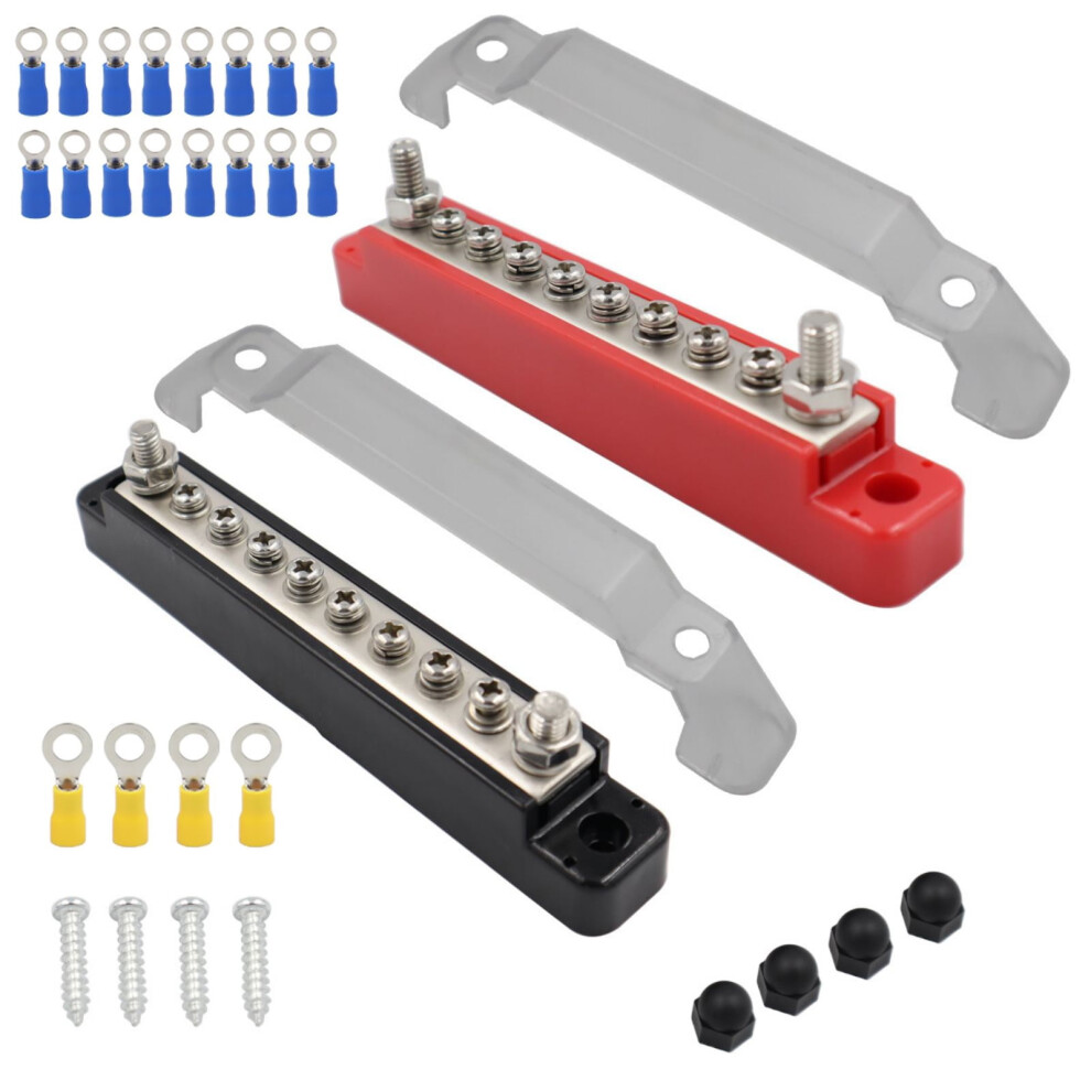 Automotive Marine Bus Bar Terminal Block Kit 12V Power Distribution Wiring Red Black 130A 150A 300V 48V Ring Terminals 9362892465864