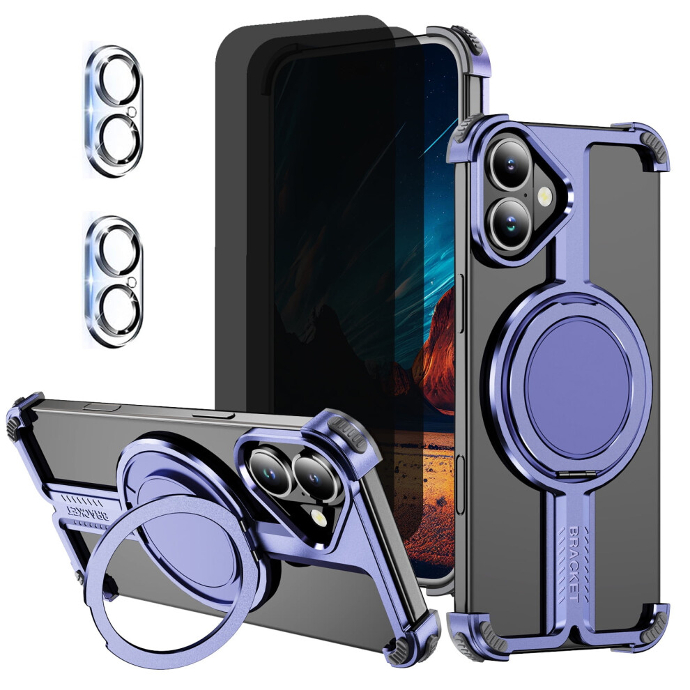 Compatible With Iphone 16 Plus: Slim Metal Case + 2 Privacy Screen Protectors + 2 Camera Lens Protectors + 360 Kickstand Purple 9101399539384