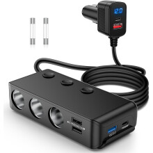 9-in-1 Cigarette Lighter Adapter: 3 Sockets, PD 65W & QC3.0 18W, LED Voltage Display, Independent Switches, Compatible with 12V/24V Cars, SUV, Van,