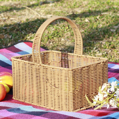 Handvävd picknickkorg i rotting - Robust lantlig korg med avtagbart foder och dubbelt lock