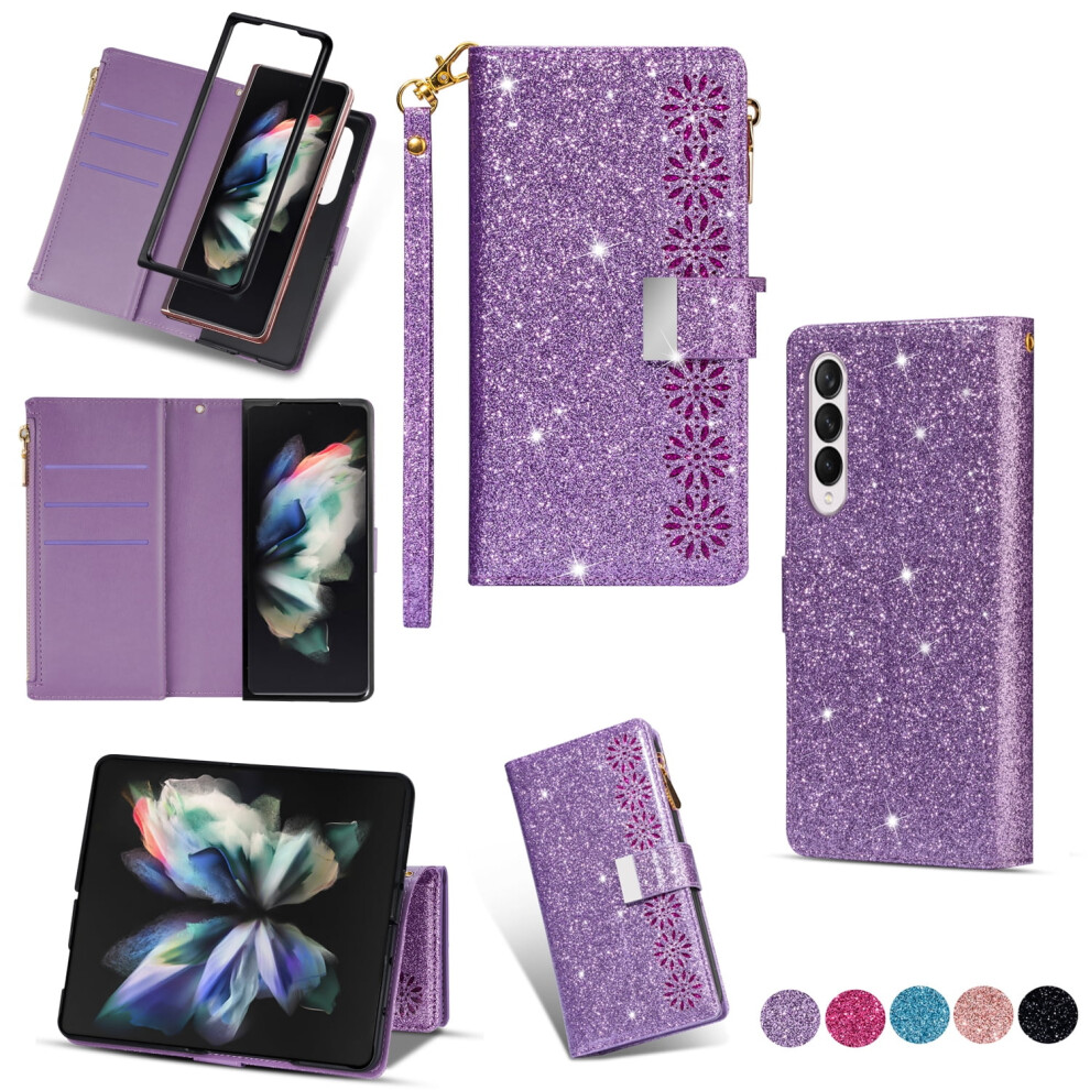 Cute Shiny Flip Wallet Case W/ Wrist Strap For Galaxy Z Fold 7 (2025) 8.2", Stand, 9 Card Slots, Zipper Pocket, Pu Leather, Purple 9341593704526