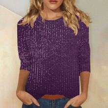 Women's Sequin Blouse Round Neck 3/4 Sleeve