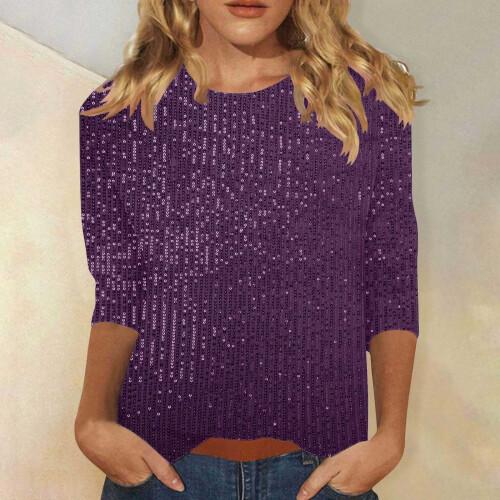 Women's Sequin Blouse Round Neck 3/4 Sleeve