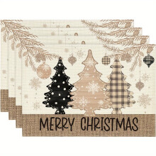 4pcs Pink Pine Snowflake Christmas Placemats, 12x18", Washable Rustic Linen Table Mats for Home, Party, Camping, Wedding – Compatible with Standard