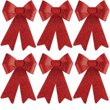 6-Pack 9x9" Red PVC Glitter Christmas Bows for Tree, Wreath, Stairs, Fireplace – Indoor/Outdoor Xmas Decor (Red)