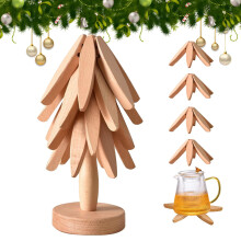 Wooden Tree-Shaped Foldable Trivets Set – 4-Pc Natural Solid Wood Hot Dish Holders, Compatible with Pots, Bowls & Tea Pots