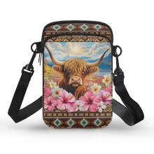 Highland Cow Florals Crossbody Bag, verstellbarer Schultergurt, Polyester, Unisex, 11 x 5 x 18 cm, für Reisen, Outdoor-Aktivitäten und den Alltag