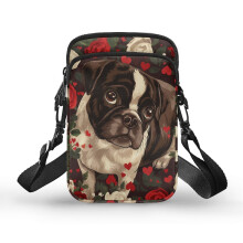 Mops-Umhängetasche mit roten Rosen, doppellagig, Reisegröße aus Polyester, 4,33 x 1,97 x 7,09 cm