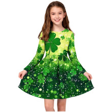 Girls St Patrick's Day Dress Long Sleeve Round Neck with Holiday Print Casual Festive Style for Ballet Practice