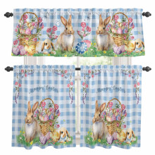 Easter Rabbit Kitchen Curtains & Valance Set – Spring Eggs, Floral Basket, Blue Plaid, Rod Pocket, 27.5x36in, Compatible with Standard Rods