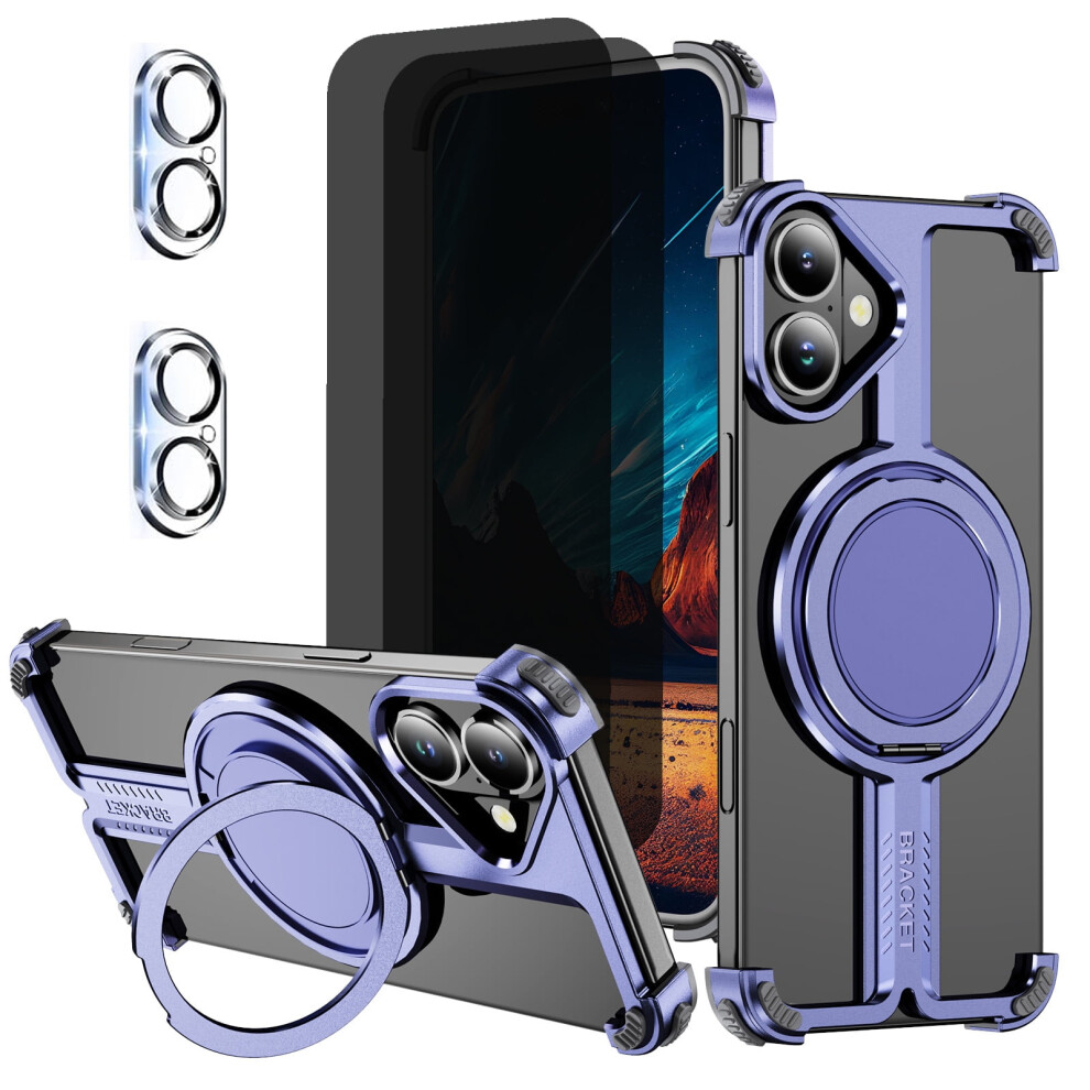 Compatible With Iphone 16: Frameless Metal Case + 2 Privacy Screen Protectors + 2 Camera Lens Protectors + 360 Kickstand Purple 9101399535775