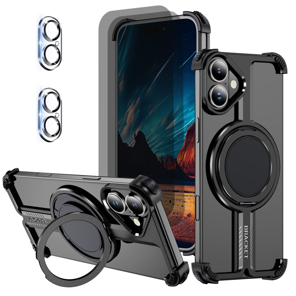 Compatible With Iphone 16: Frameless Metal Case + 2X Privacy Screen Protectors + 2X Camera Lens Protectors + 360 Kickstand, Slim Shockproof Bumper, 9101399535744