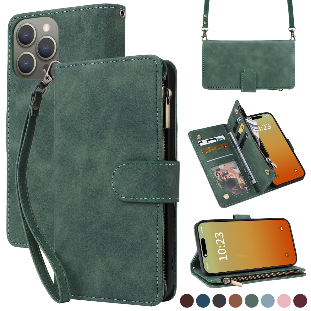 Iphone 16 Pro Wallet Case Â Crossbody Phone Purse With Card Holder, Soft Pu Leather Zipper Cover & Strap, Green 9341593701846