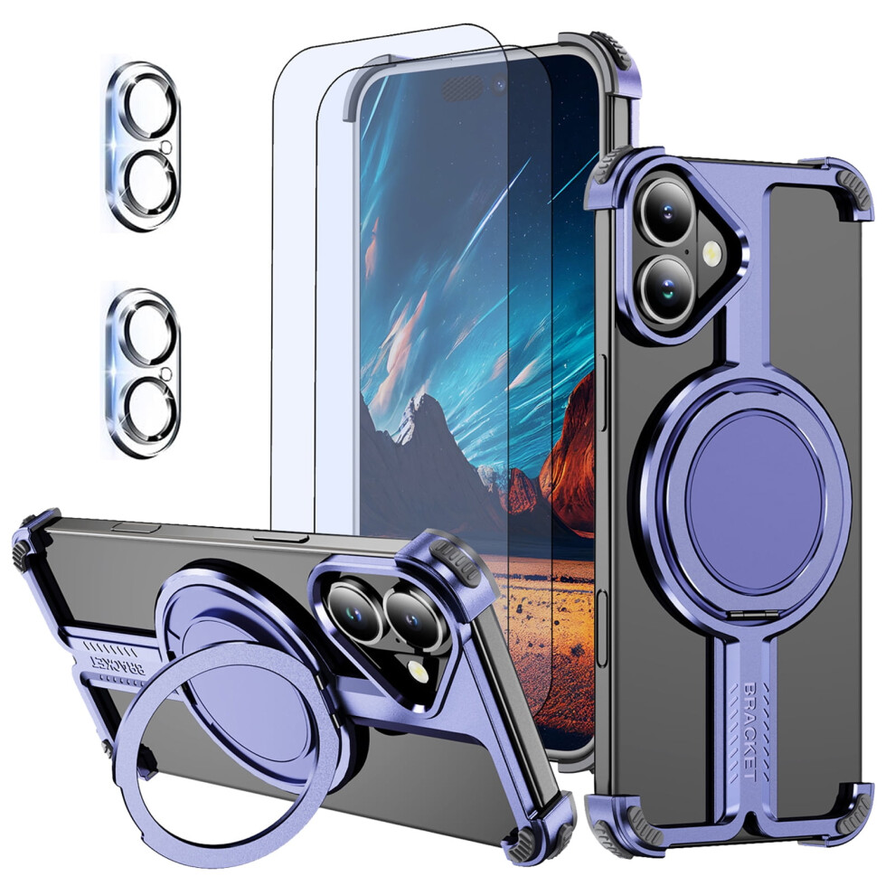 Compatible With Iphone 16 Plus: Frameless Metal Case + 2 Screen Protectors + 2 Camera Lens Protectors + 360 Kickstand, Slim Shockproof Bumper Â 9101399536673