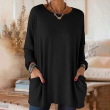 Women's Loose Fit Casual Top Long Sleeve Round Neck with Pocket Relaxed Style