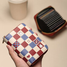 Women's Checkered RFID Blocking Card Wallet, Cute Bunny Print Zipper Card Holder, 12 Slots Small Credit Card Organizer for ID & Cards, Red Blue Beige